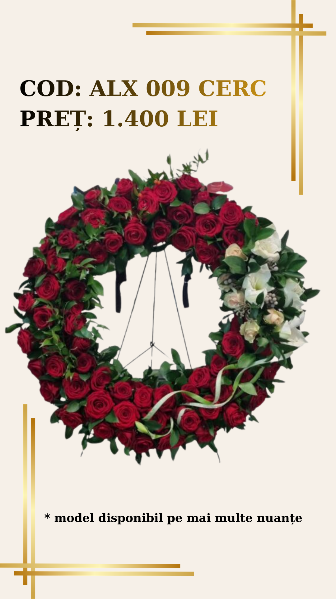 Coroana Funerara ALX 009 – Cerc Trandafiri Rosii cu Accent Alb Coroana Funerara ALX 009 – Cerc Trandafiri Rosii cu Accent Alb - imagine 1