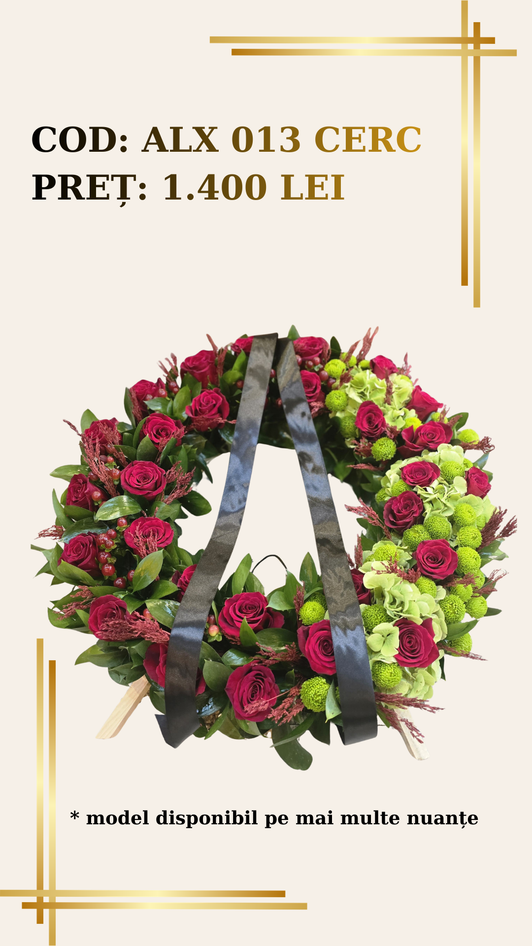 Coroana Funerara ALX 013 – Cerc Rosii cu Crizanteme Verzi Coroana Funerara ALX 013 – Cerc Trandafiri Rosii cu Crizanteme Verzi - imagine 1