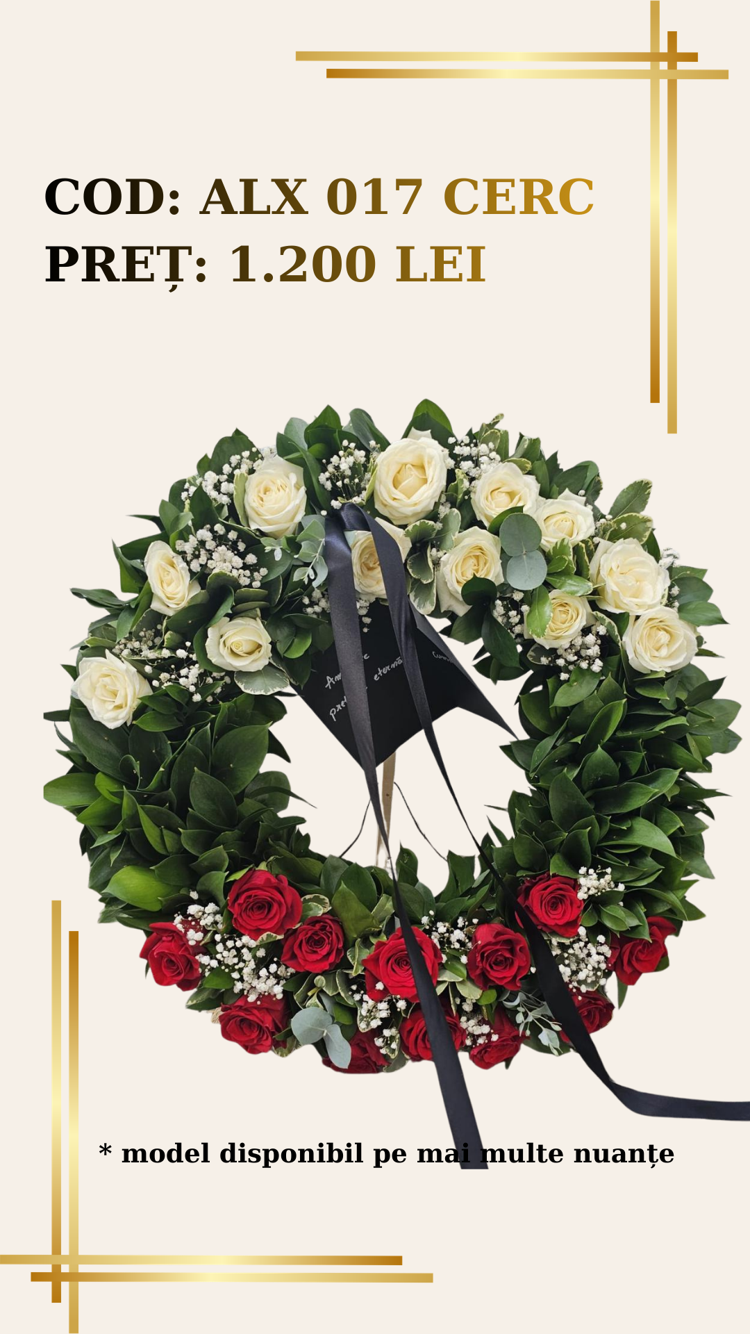 Coroana Funerara ALX 017 – Cerc Verde cu Trandafiri Albi si Rosii Coroana Funerara ALX 017 – Cerc Verde cu Trandafiri Albi si Rosii - imagine 1