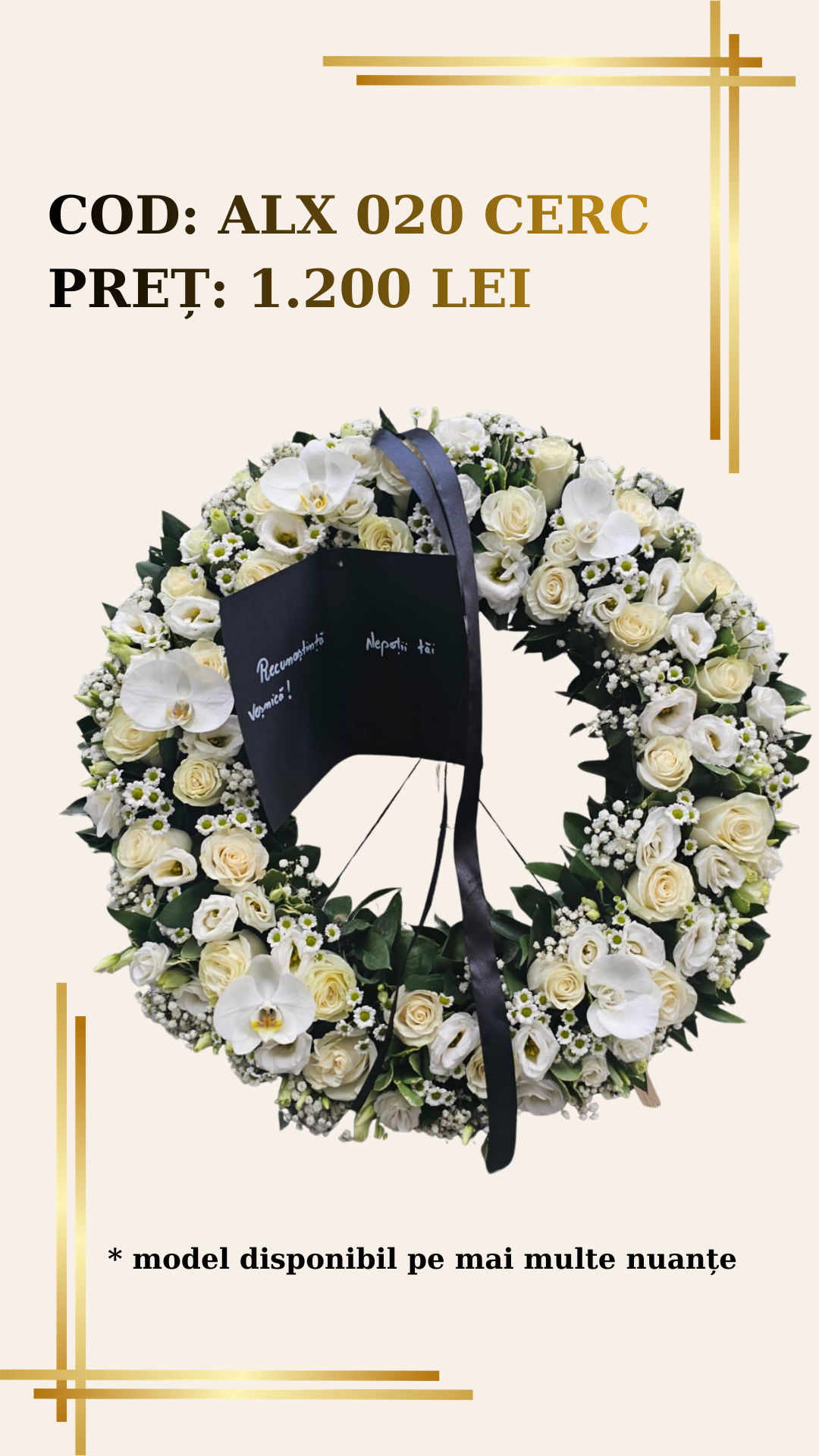Coroana Funerara ALX 020 – Cerc Albi cu Orhidee si Gypsophila Coroana Funerara ALX 020 – Cerc Trandafiri Albi cu Orhidee si Gypsophila - imagine 1